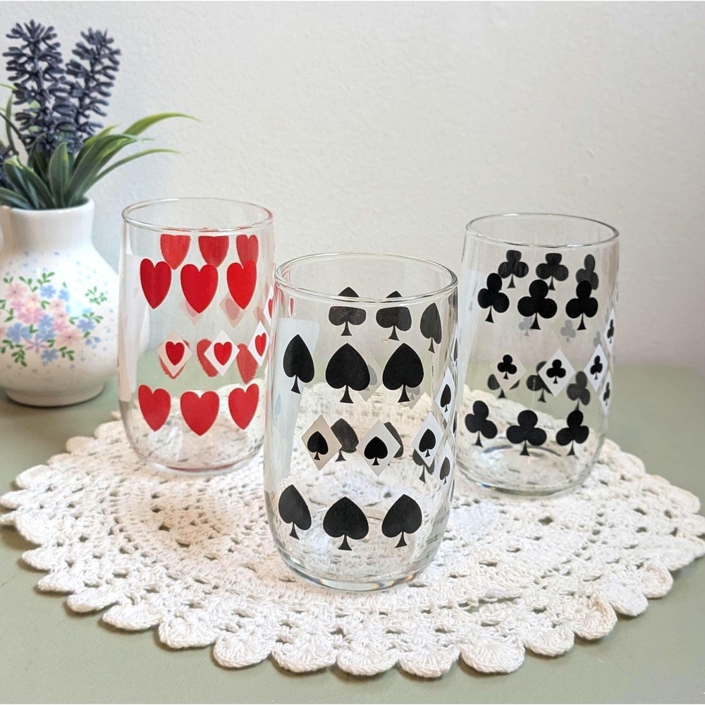 Vintage Playing Card Glasses Set of 3, Hearts Spades Clubs Tumblers, Mid Century